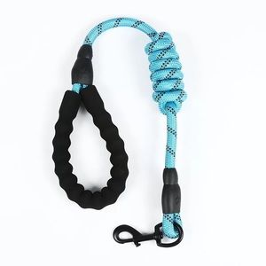 Dog leash foam handle & reflective threads - blue